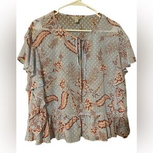 Belle Sky Floral Peplum Top Women’s Large Blue Sheer Ruffle Blouse Cottage Boho